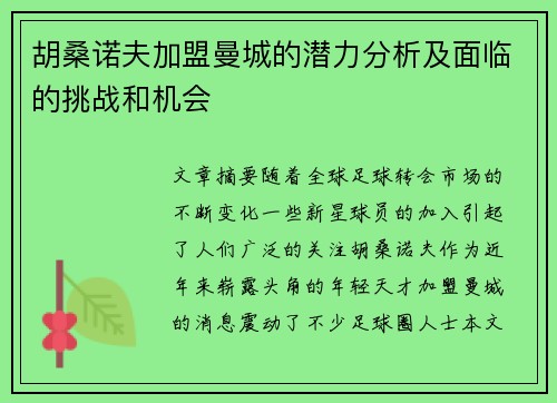 胡桑诺夫加盟曼城的潜力分析及面临的挑战和机会
