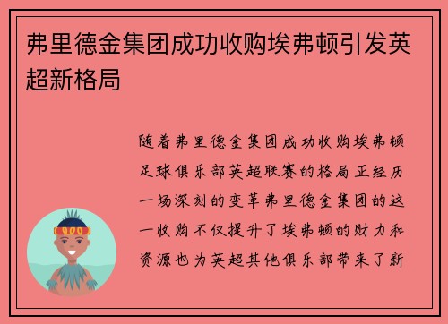 弗里德金集团成功收购埃弗顿引发英超新格局